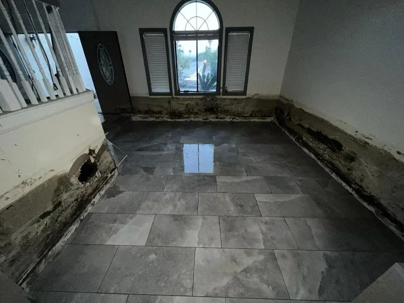 A room with a large arched window and open shutters, showing a view of trees and a driveway outside. The floor is partially tiled with large grey tiles, and the lower parts of the walls have visible damage and mold, indicating ongoing repairs or wate