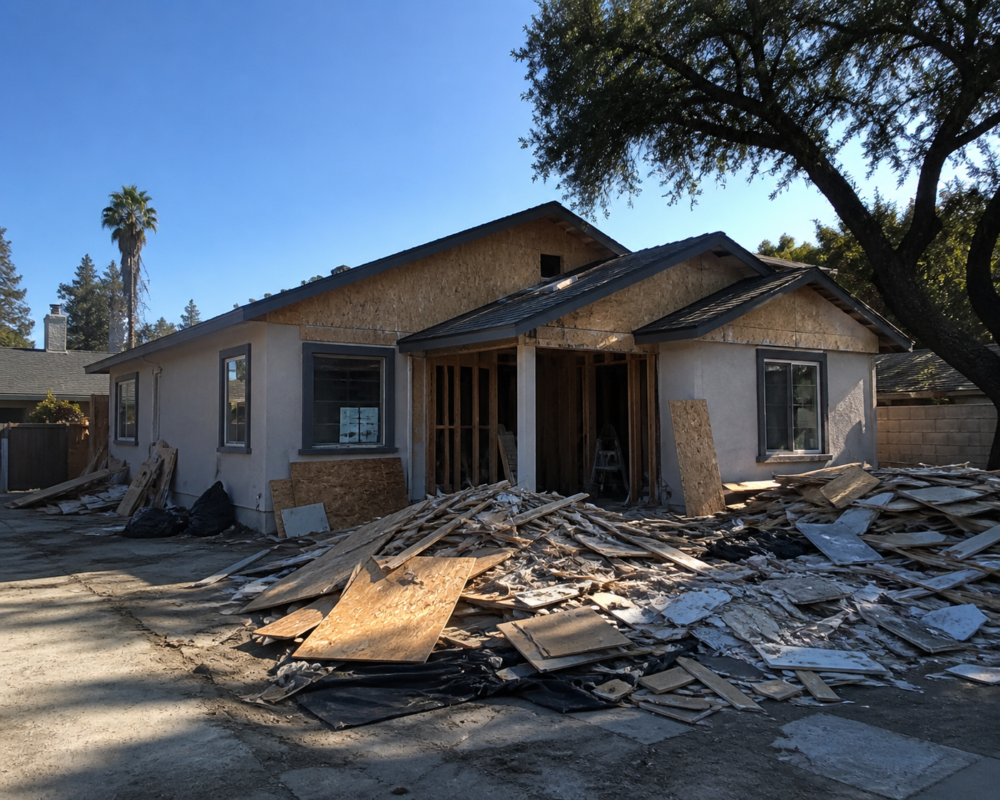 House under construction with piles of wood and debris in front, partially finished exterior walls, and a tree on the right side.