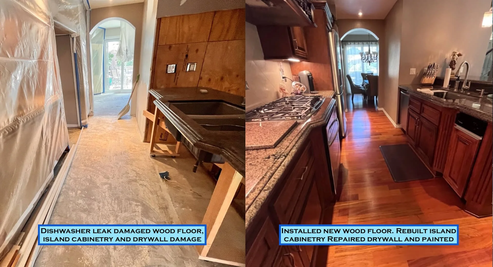 Before and after images of a kitchen renovation. The left side shows a damaged wood floor, island cabinetry, and drywall damage from dishwasher leak. The right side shows installed new wood floor, rebuilt island cabinetry, repaired drywall, and paint