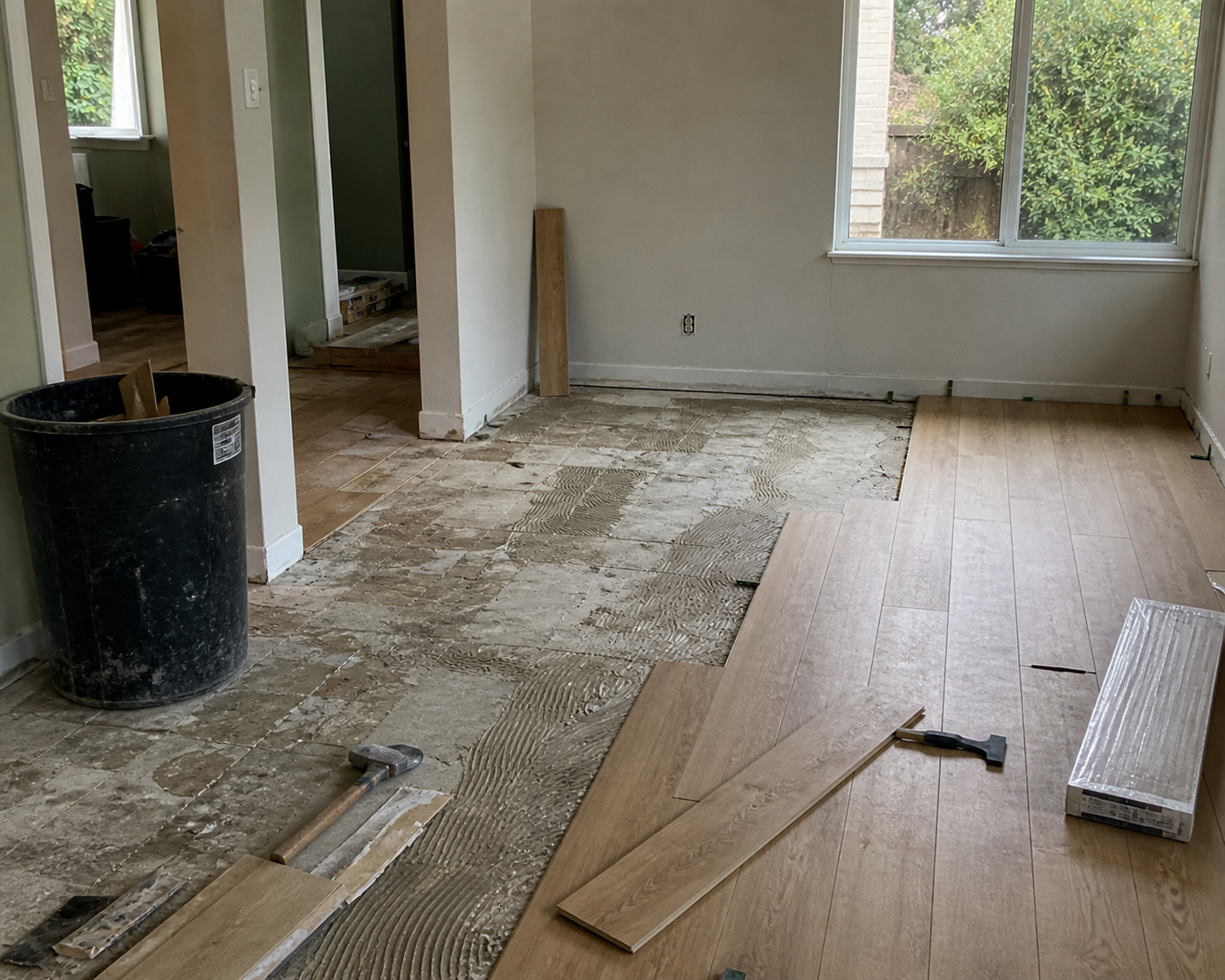 Room under renovation with partially installed wood flooring, construction tools, a large black trash bin, and a window showing greenery outside.