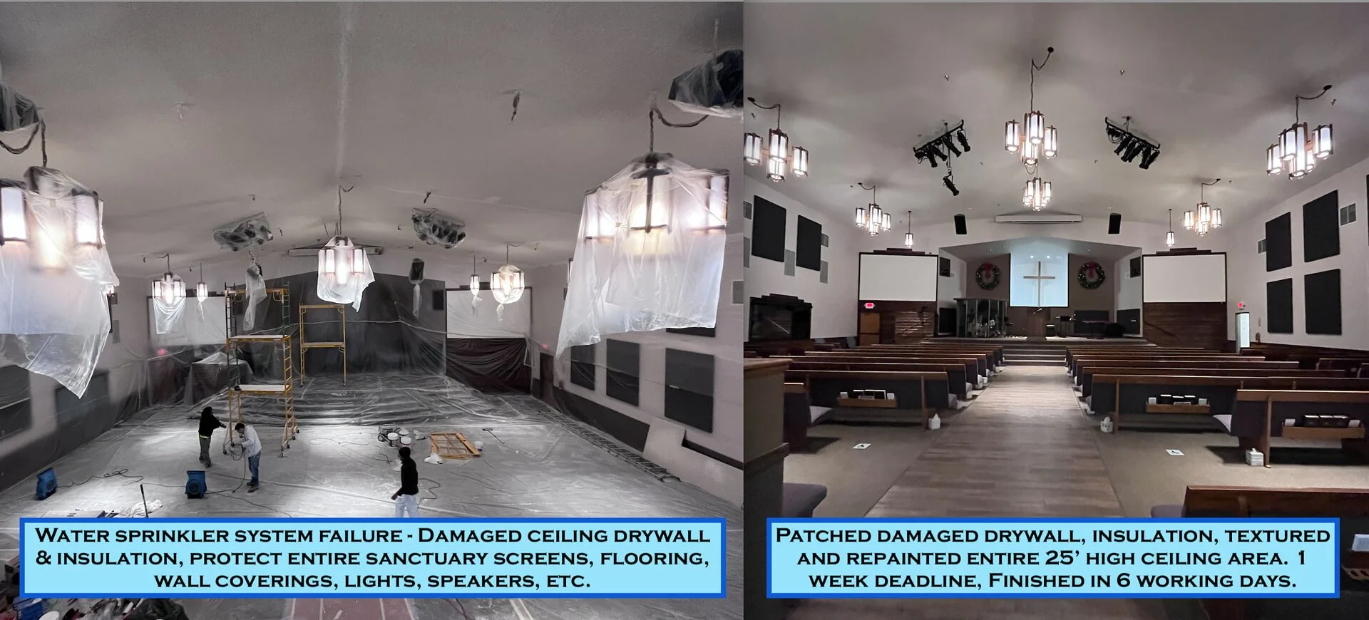 Side-by-side comparison of a church interior under renovation. The left side shows a construction phase with damaged ceiling drywall, insulation, plastic coverings, scaffolding, construction workers, and equipment. The right side displays the finishe
