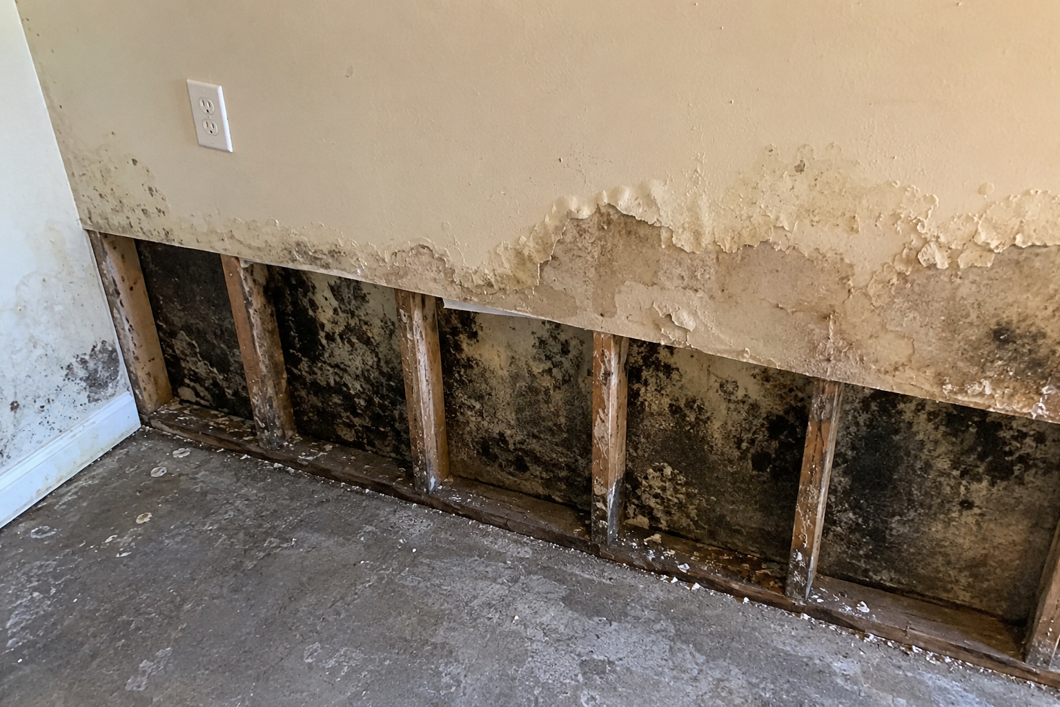 Damaged drywall with mold and water damage behind a removed section, exposing wooden studs in a wall.