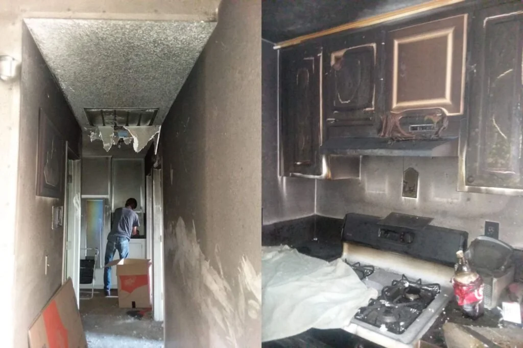 Side-by-side comparison of a hallway and a kitchen, both heavily damaged by fire. The hallway shows charred walls, a ceiling with burnt debris hanging down, and a person inspecting the damage. The kitchen has blackened cabinets, a burnt stove, and so