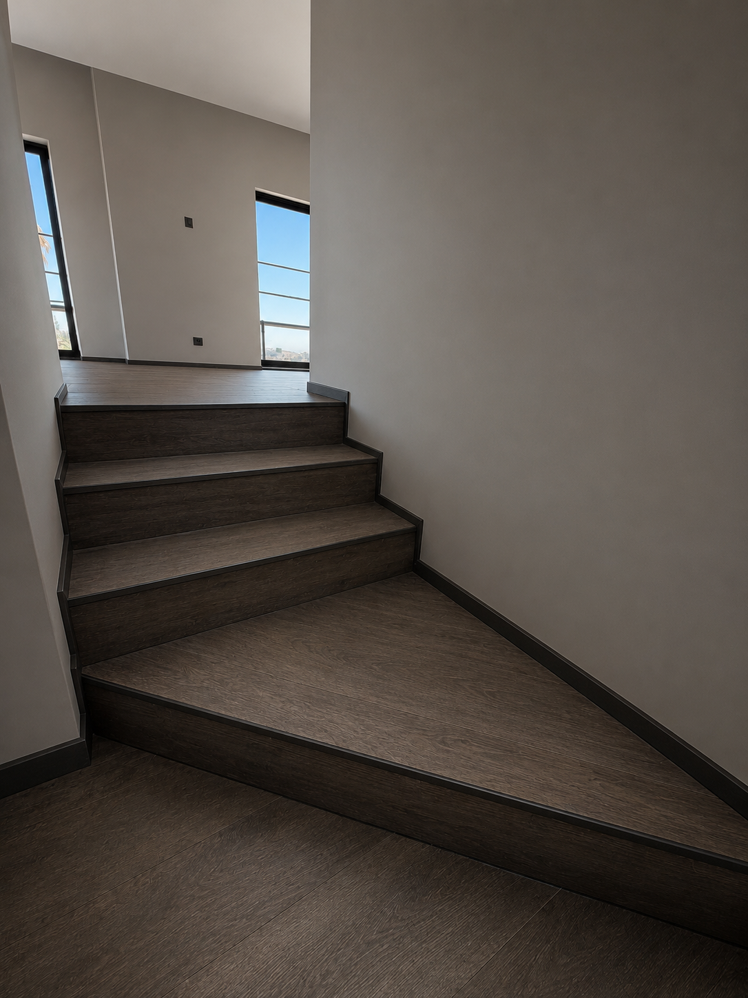 Modern interior staircase with dark wood steps leading to a sunlit room with large windows and white walls.