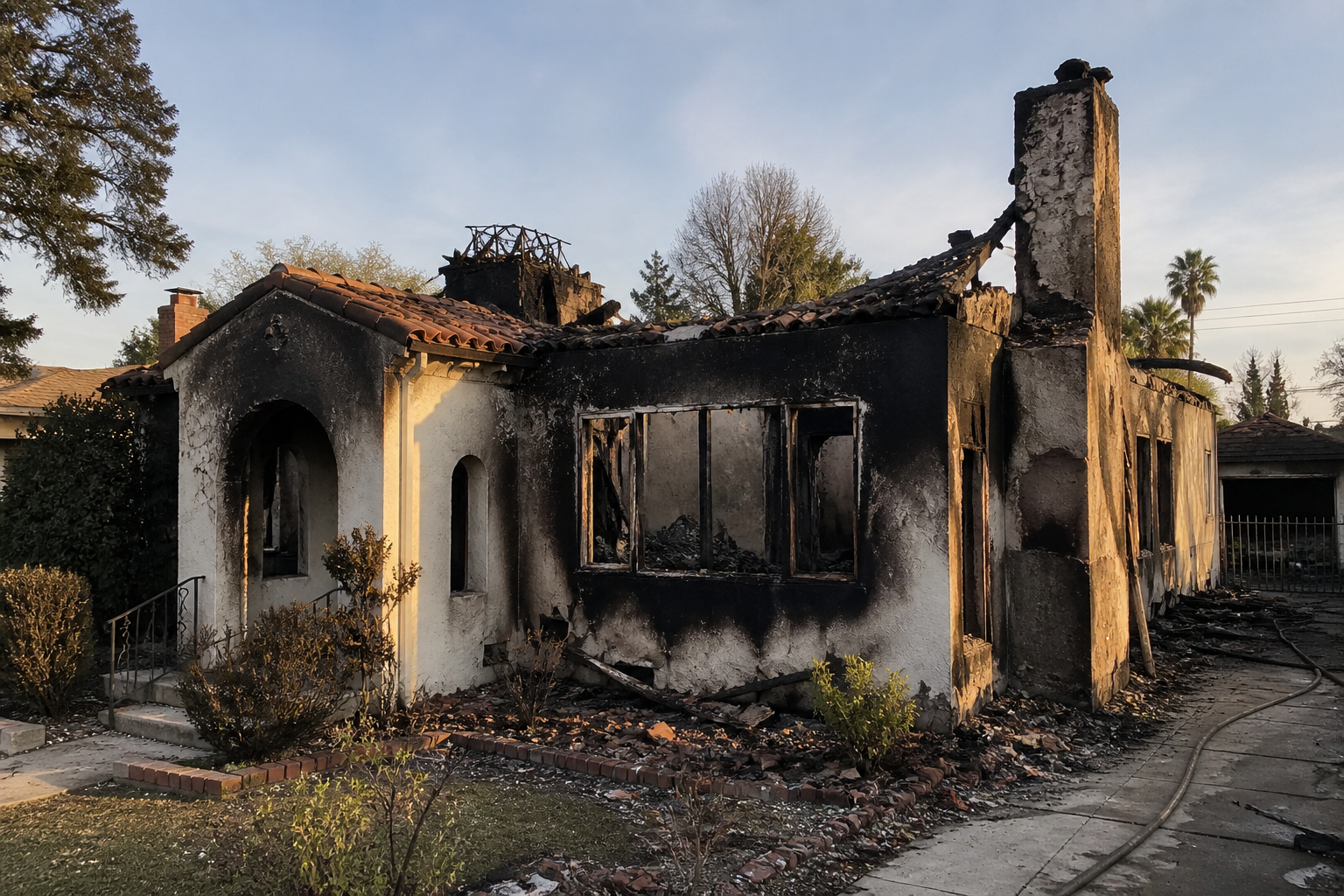 A house that was damaged by fire, showing blackened and charred walls, broken windows, and partially collapsed roof.