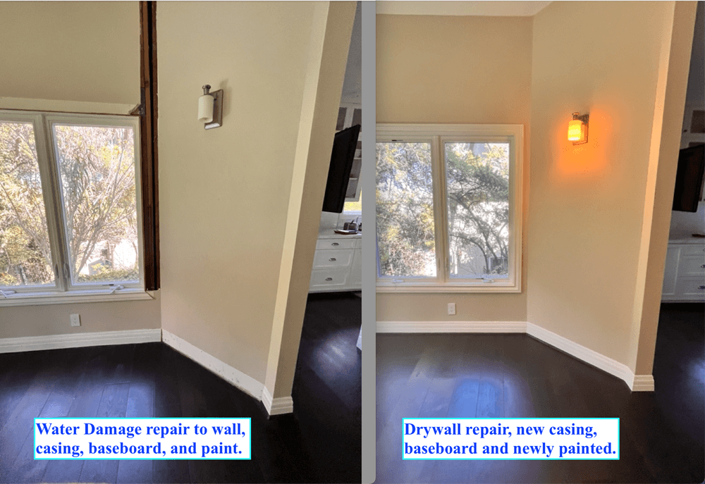 Comparison of a room before and after water damage repair: left side shows water damage to the wall with damaged casing, baseboard, and paint; right side shows repaired drywall, new casing, baseboard, and freshly painted wall with a wall sconce light turned on.