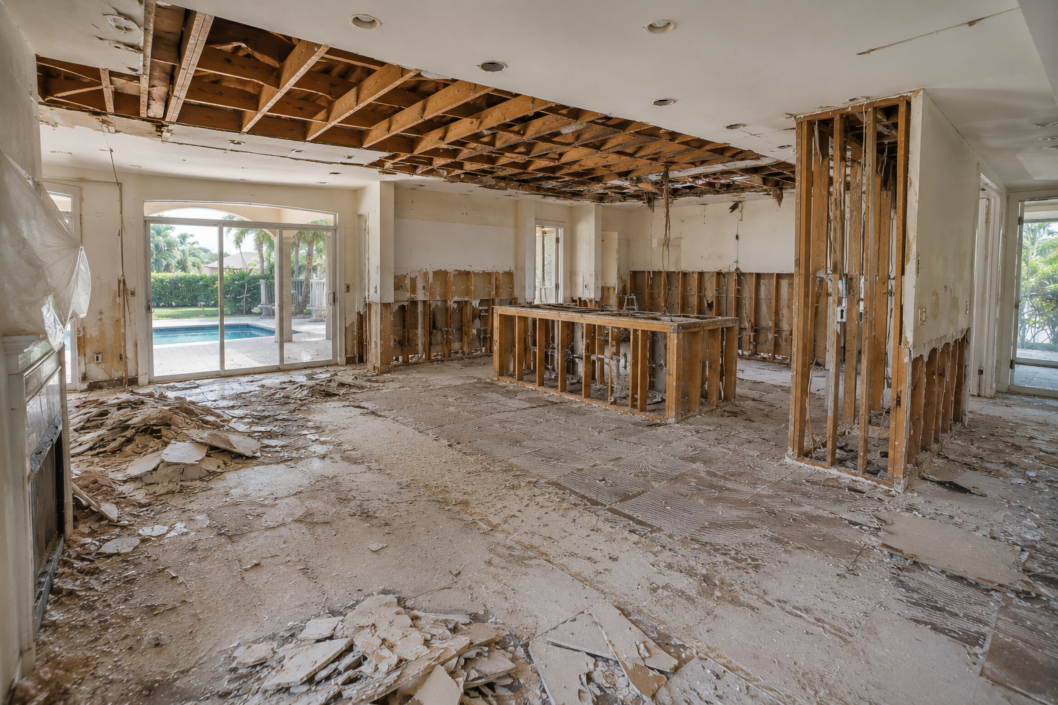 Interior of a house under renovation with exposed framing, damaged ceiling, debris on the floor, and a view of the backyard with palm trees and a swimming pool.