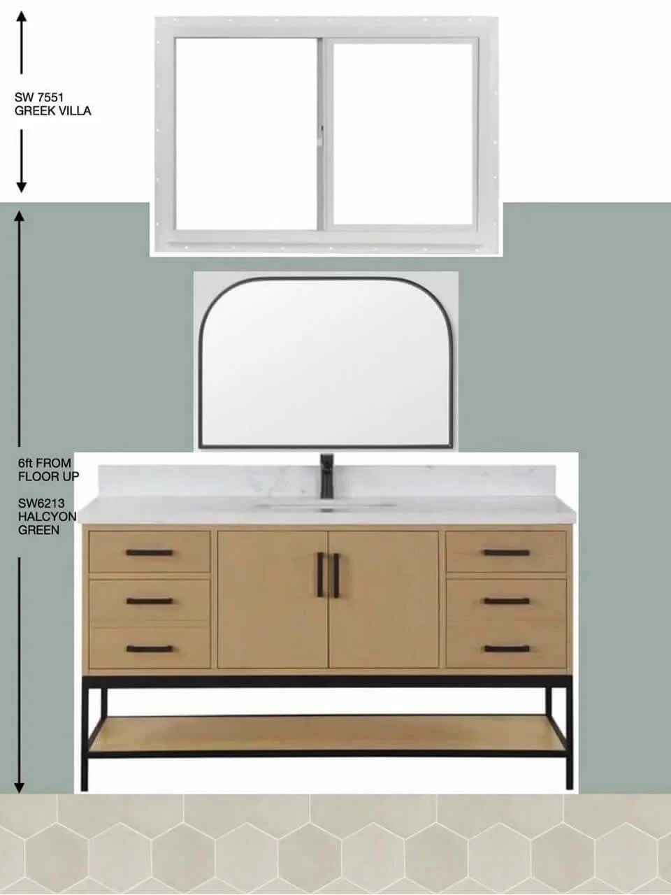 A bathroom sink vanity with a mirror above, a window, and measurements indicating height and distance from the floor to the window and sink. The vanity has a beige cabinet with black handles, a white countertop, and a black frame at the bottom, set a