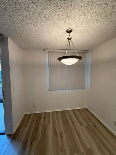 Empty dining room with a ceiling light fixture and vertical blinds covering a window.