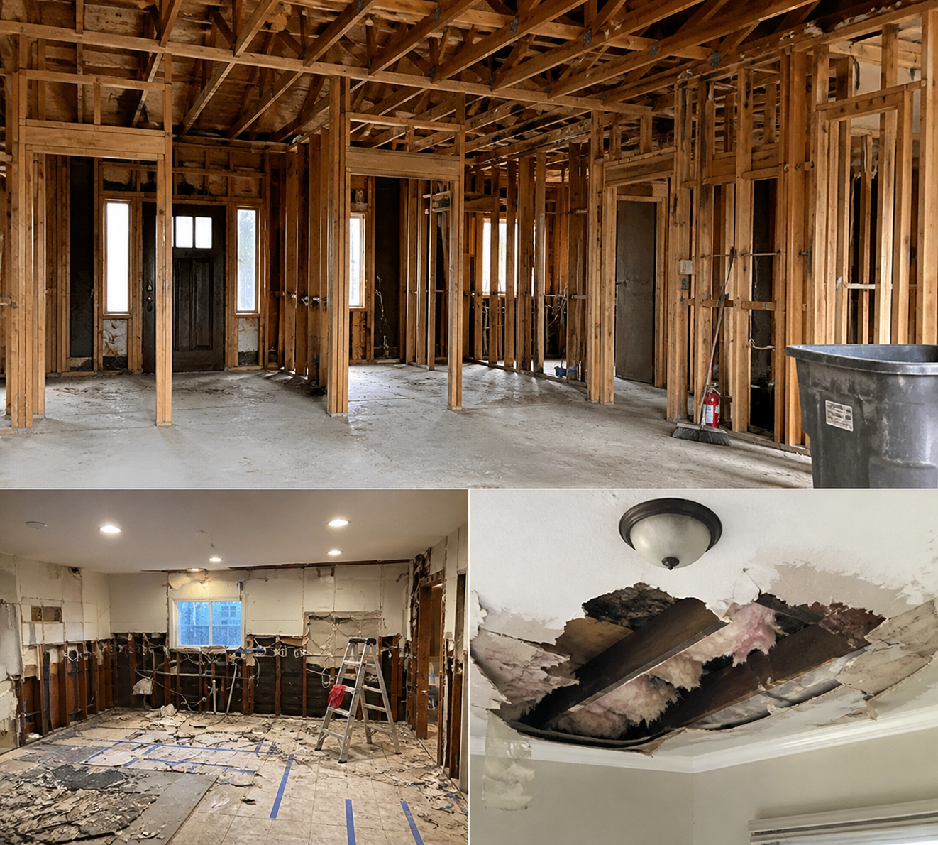 Three photos showing a home renovation: the first image depicts a room with exposed wooden studs, framing, and a concrete floor; the second image shows a room under demolition with torn drywall, exposed studs, and a ladder; the third image displays a ceiling with water damage, sagging drywall, and a ceiling light fixture.