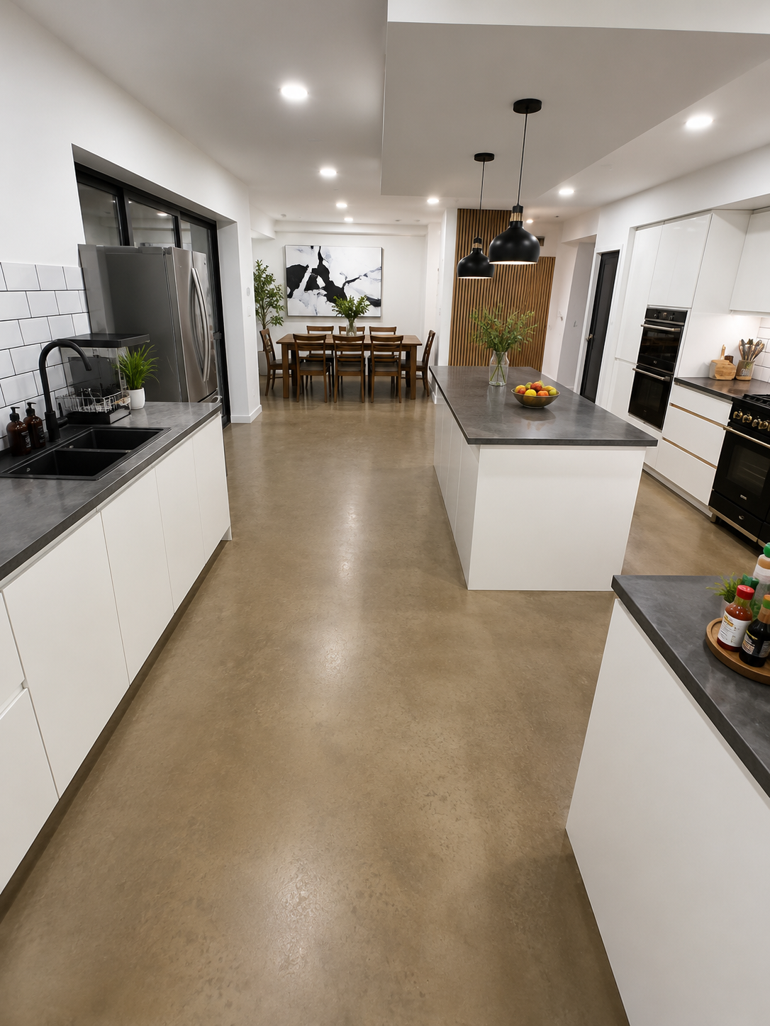 Modern open-concept kitchen with white cabinets, black appliances, a kitchen island with a bowl of apples and a vase with green plants, and a dining area with a wooden table, chairs, and abstract black-and-white artwork on the wall.