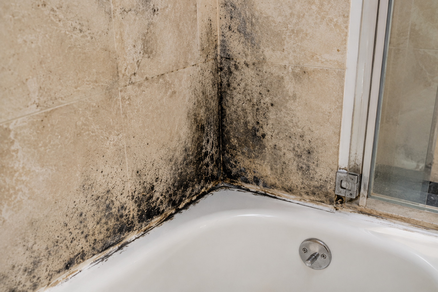 Bathroom corner with black mold and mildew on beige tiles and the edge of a white bathtub.