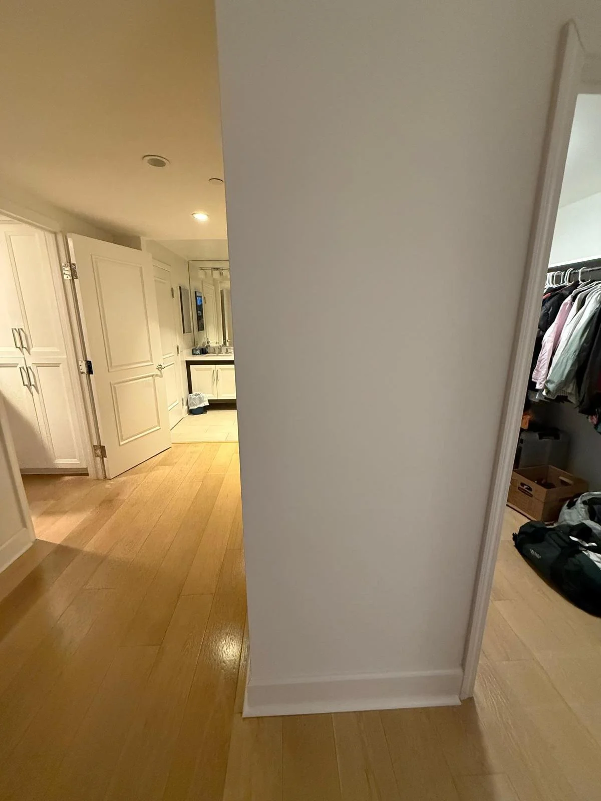 Part of a hallway leading to a bathroom with a closet visible on the right side. The bathroom has light-colored cabinetry and a mirror. The hallway has light-colored walls and hardwood flooring.