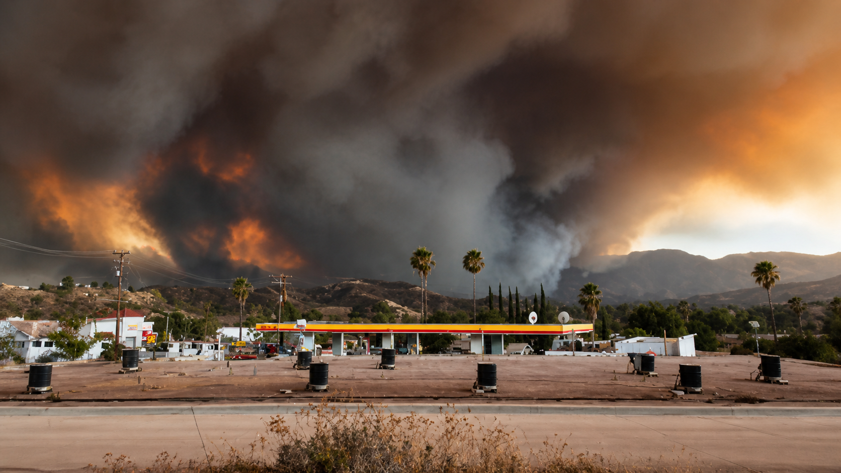 Smoke and flames from a large wildfire across the hills in a suburban area with palm trees and a gas station in the foreground.