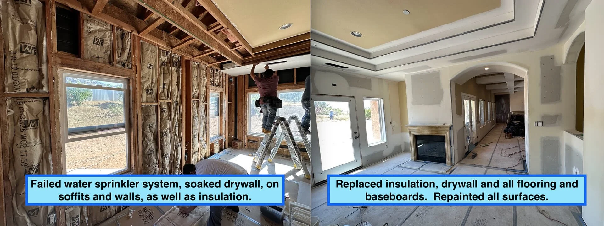 Side-by-side comparison of a remodeled interior: the left side shows a room under construction with open wall studs, soaked drywall, exposed insulation, and workers installing ceiling drywall; the right side shows the finished room with painted walls