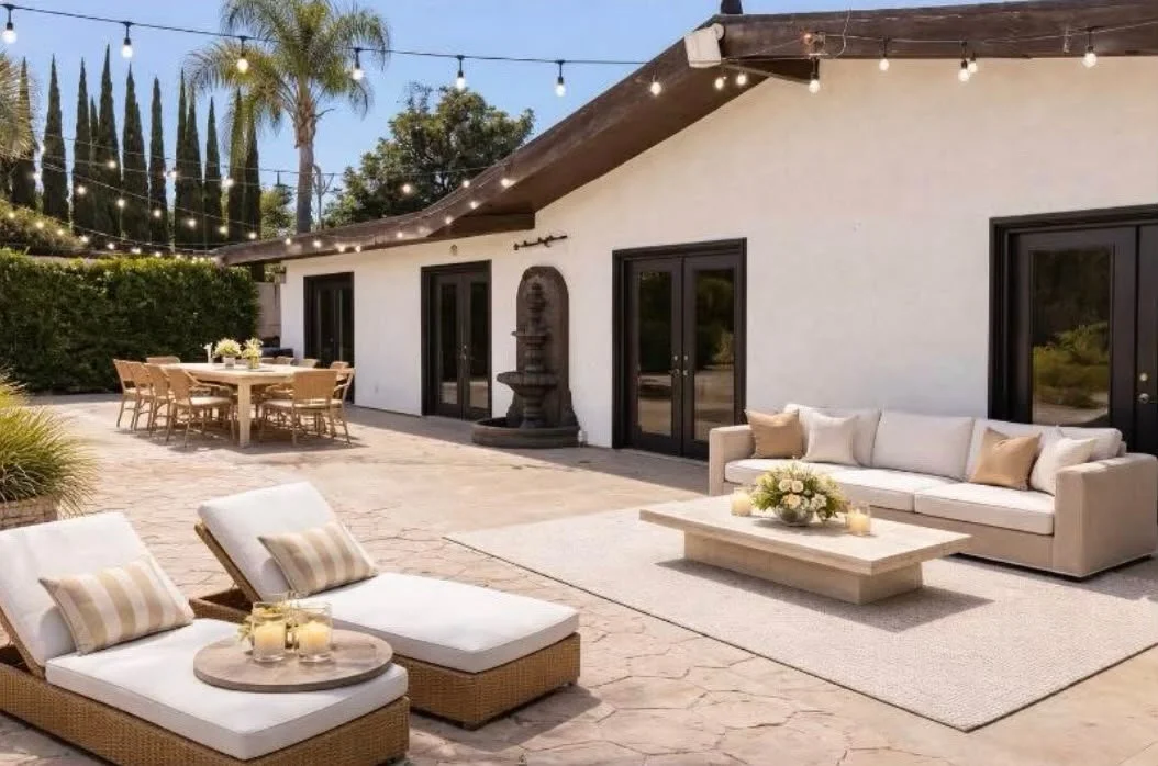 An outdoor patio area with a white sofa, a coffee table with flowers and candles, and two lounge chairs with pillows, all under string lights, with a house featuring black glass doors and a dining table with chairs in the background.
