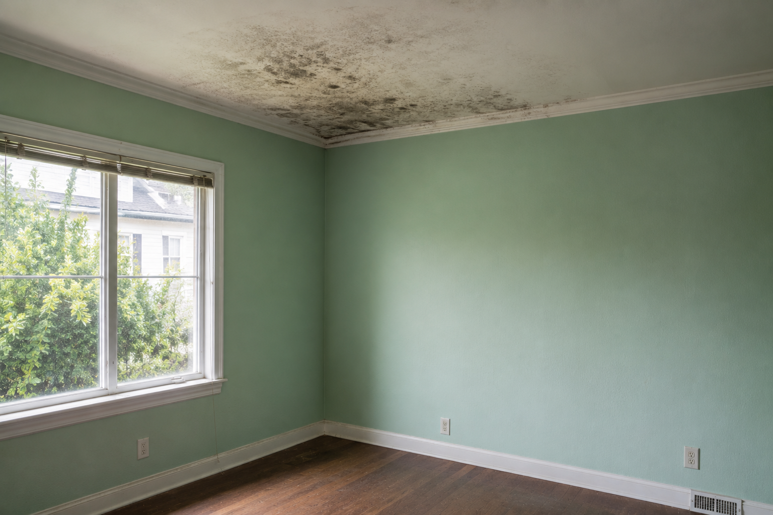 Room with green walls, a large window, hardwood floor, and a ceiling with mold or water damage.