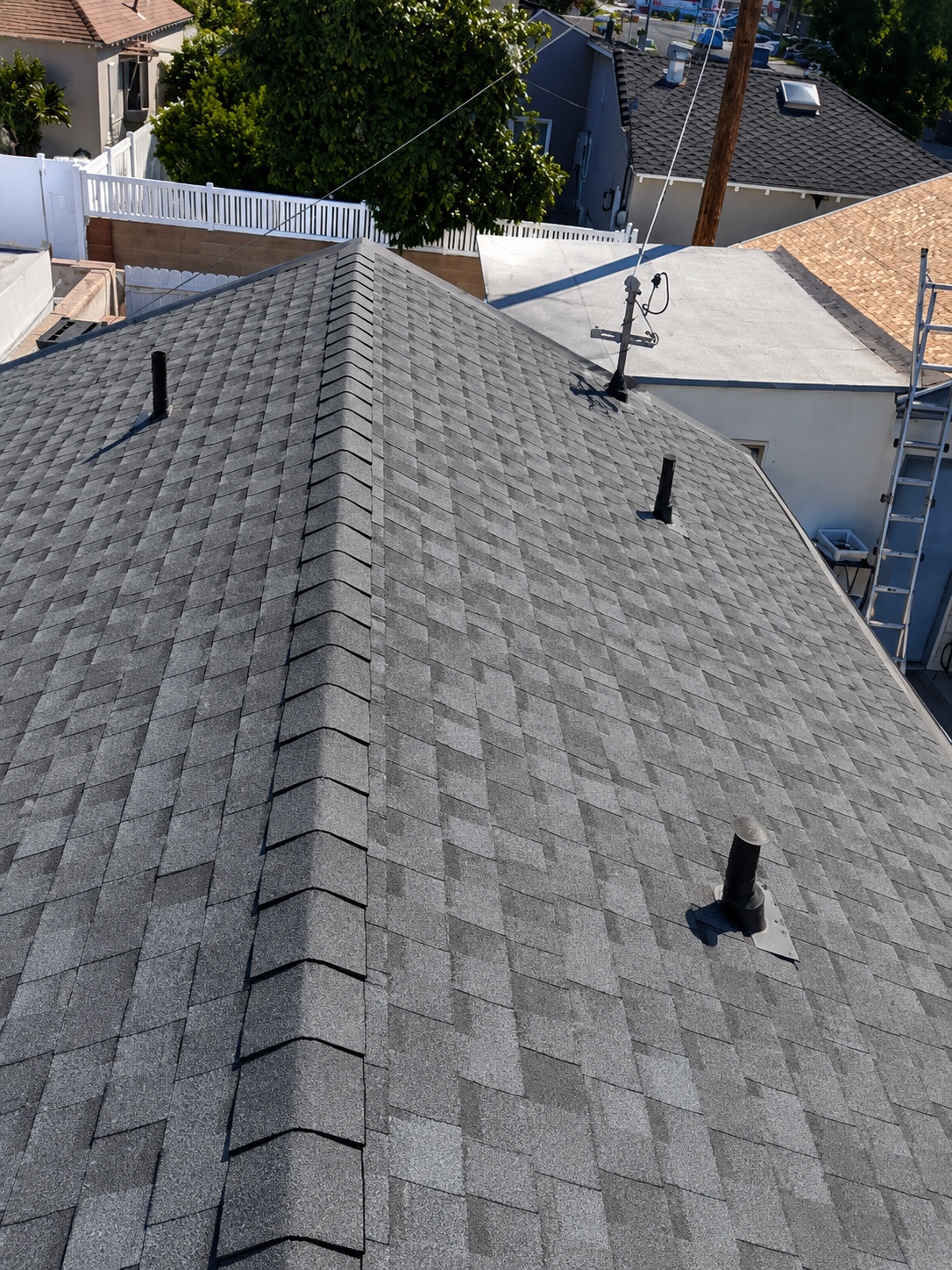 A rooftop with gray asphalt shingles, three vent pipes, and a TV antenna, overlooking neighboring roofs and trees in a residential neighborhood.