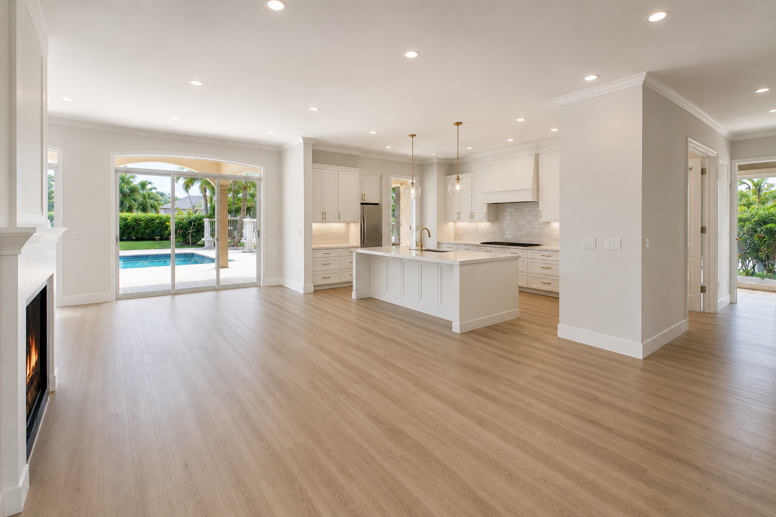 Bright, open kitchen and living area with white cabinets, island, hardwood floors, sliding glass door to backyard with pool and palm trees, and a fireplace.