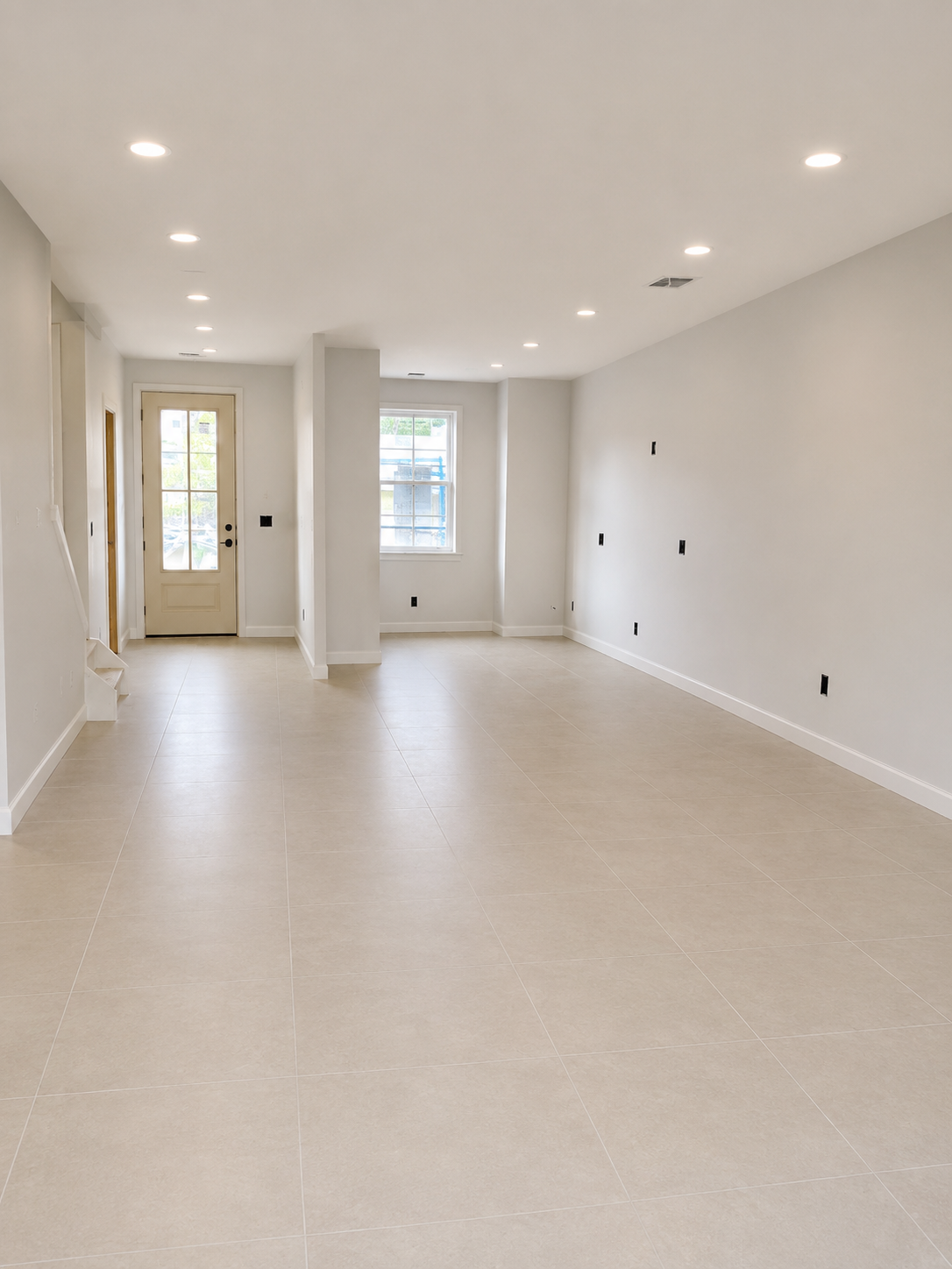 Empty room with beige tile flooring, white walls, recessed lighting, and a front door with windows, likely part of a newly constructed or renovated house.