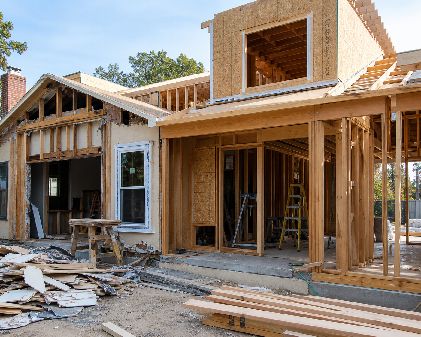 Construction site of a house with wooden framing, exposed debris, ladders, and partially finished walls.