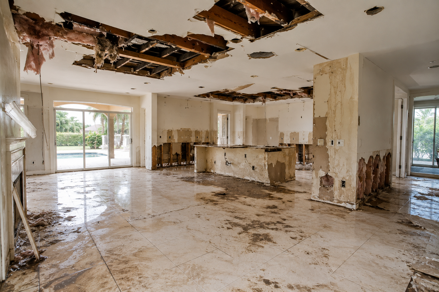 A room with a damaged ceiling and walls showing torn drywall and exposed framing, with muddy floors and debris scattered around.