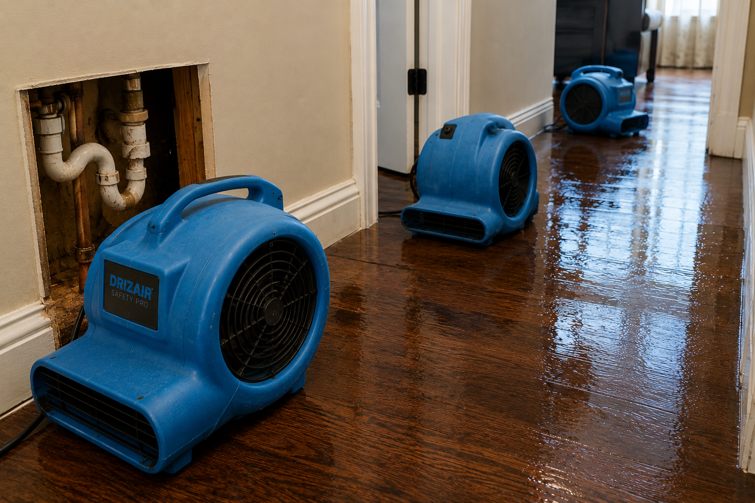 Three blue industrial fans drying a hardwood floor in a hallway, with a hole in the wall revealing plumbing pipes.