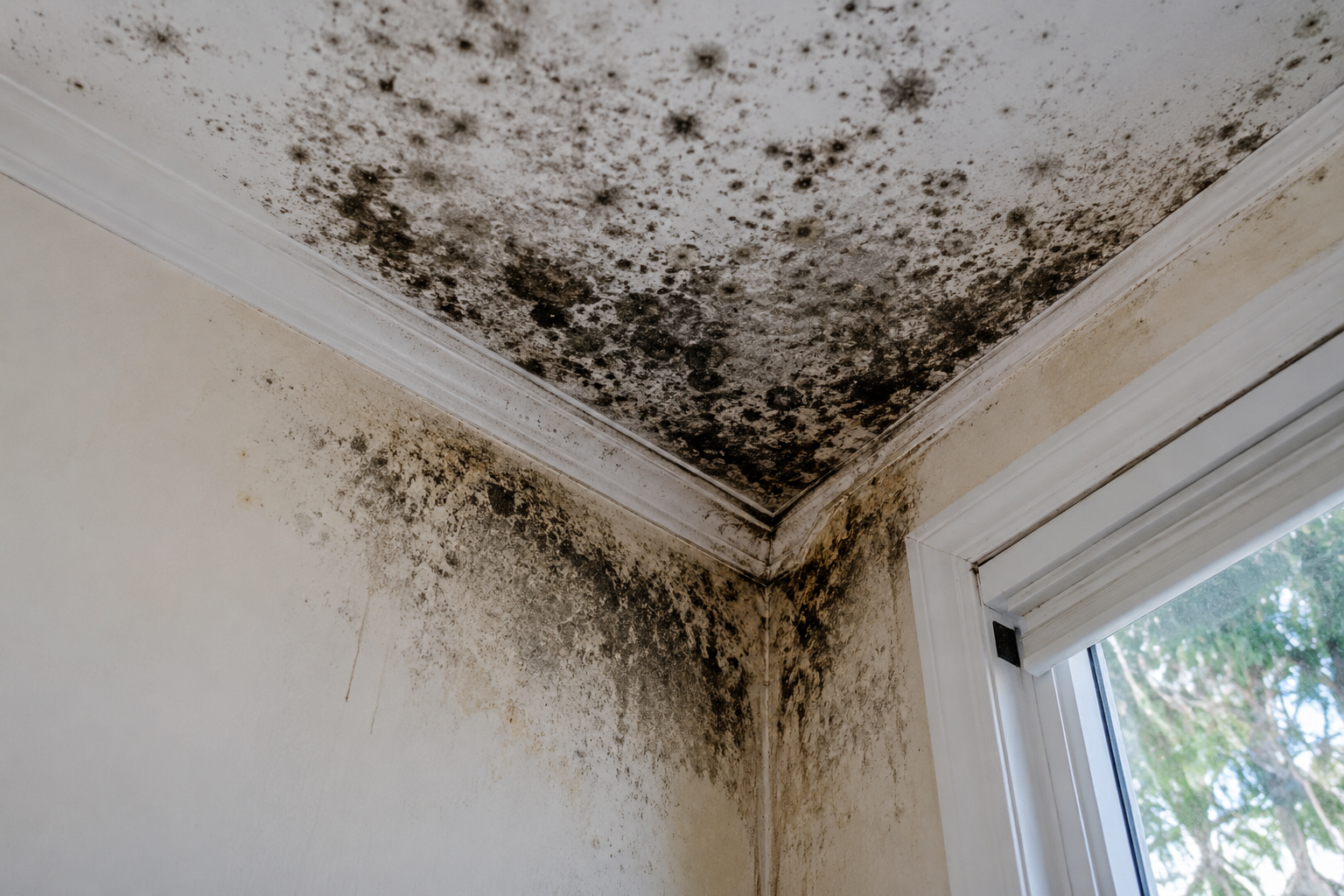 Mold growth on the ceiling and corner wall near a window.