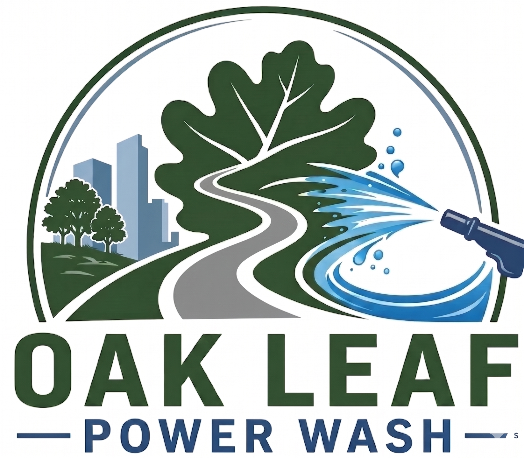 Logo for Oak Leaf Power Wash LLC featuring green oak leaf, cityscape, water splash, and power washer.