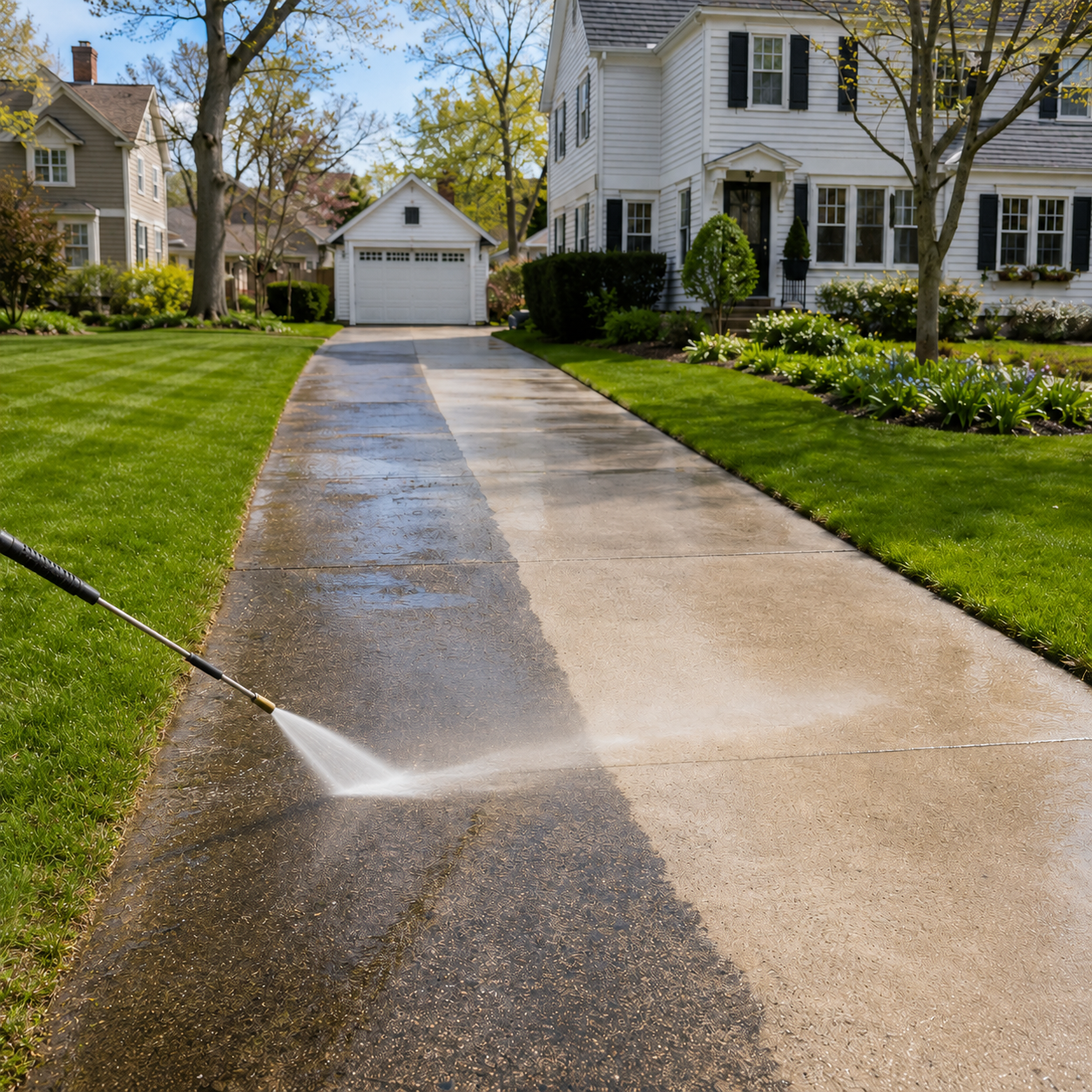 A person is pressure washing a concrete driveway in front of a white house with black shutters, surrounded by green lawns, trees, and flower beds.