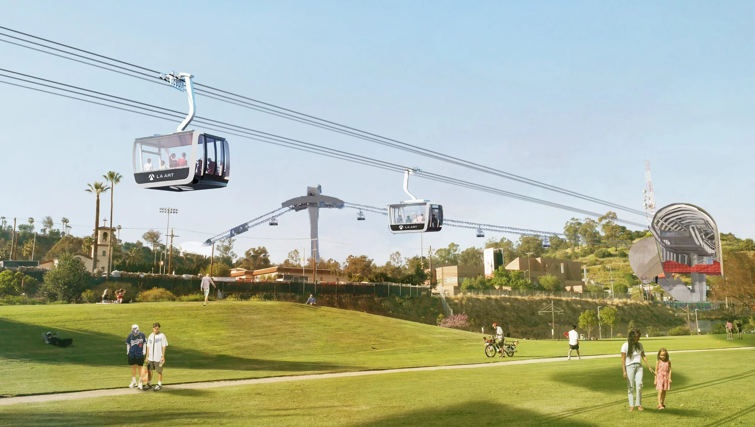 An accurate, objective rendering of Los Angeles State Historic Park with a gondola based on data, diagrams, and illustrations in Metro's Environmental Impact Report on the proposed gondola. Courtesy of Friends of Los Angeles State Historic Park.