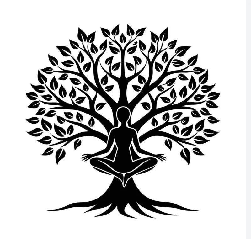 Silhouette of a person sitting in a meditative pose beneath a large tree with many branches and leaves.