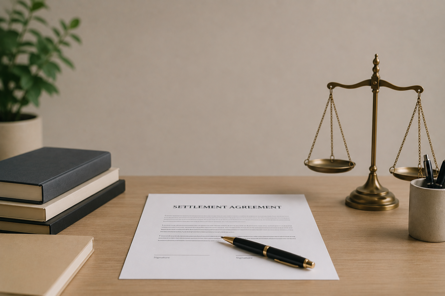 Legal settlement agreement document on a wooden desk with a pen, a brass balance scale, stacked black and beige books, a beige notebook, a potted plant, and a pencil holder containing pens.