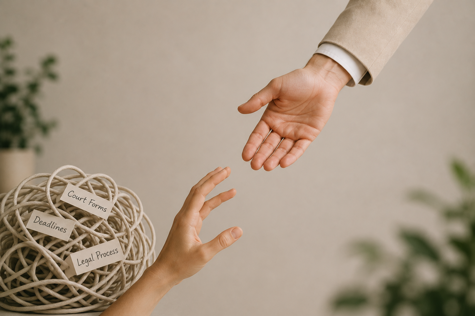 Two hands reaching out towards each other over a beige background, with a wicker ball of papers labeled 'Court Forms,' 'Deadlines,' and 'Legal Process.'