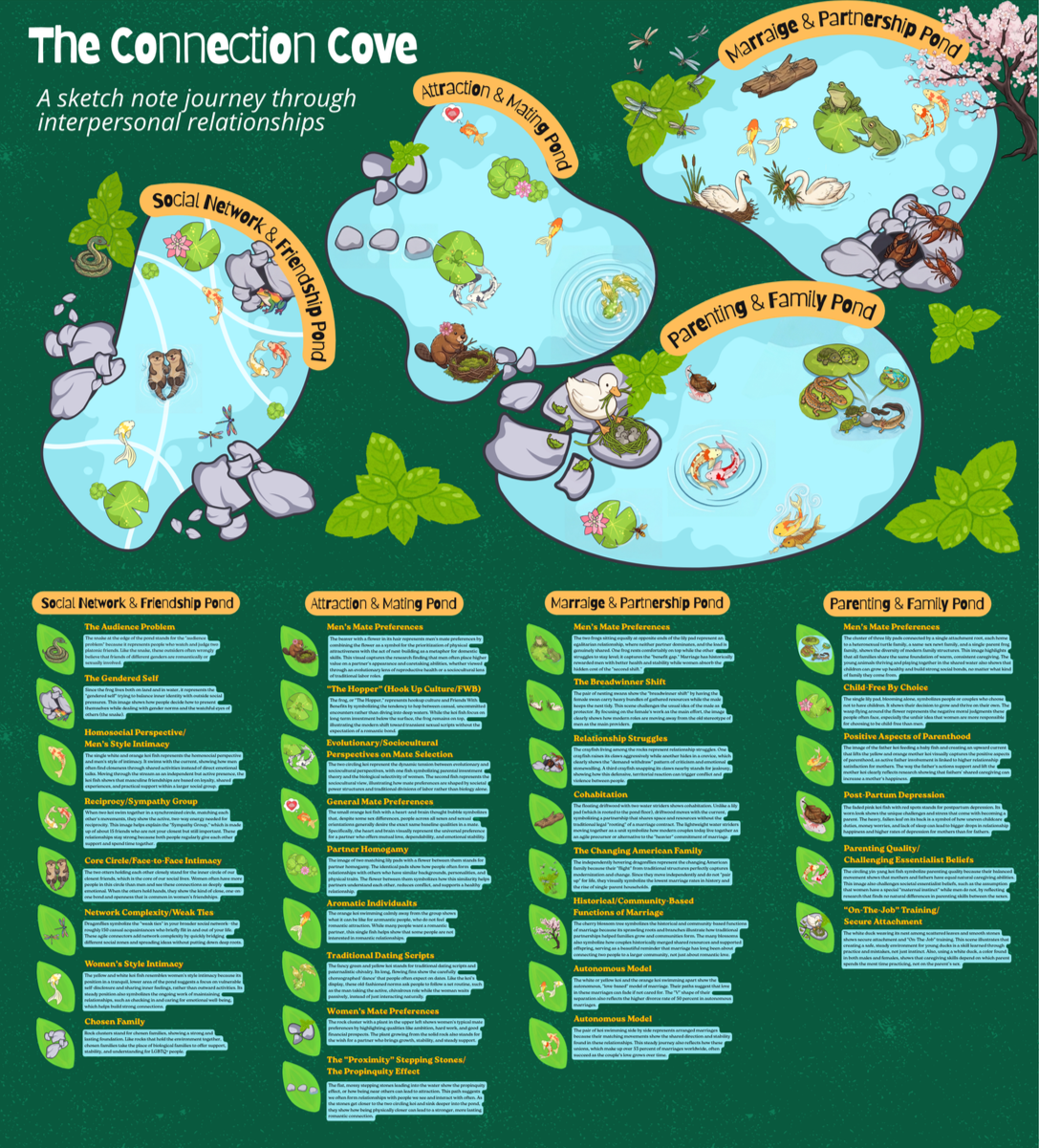 Diagram of interconnected ponds labeled as 'The Connection Cove', depicting various stages in interpersonal relationships. Ponds include 'Social Network & Friendship Pond', 'Attraction & Mating Pond', 'Marriage & Partnership Pond', and 'Parenting & F
