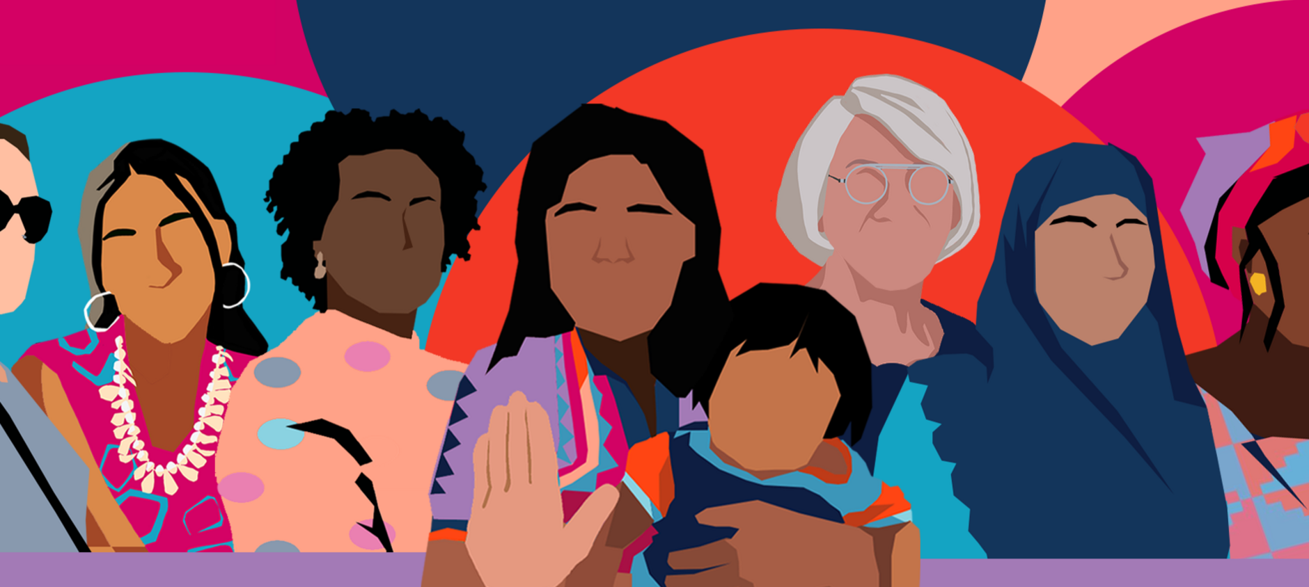 Illustration of diverse women and children with closed eyes, some with hands raised or in prayer, in front of colorful abstract background.