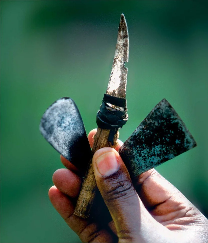 A hand holding two small shovels and a rusty knife with a cloth wrapped around the handle, against a blurred green background.
