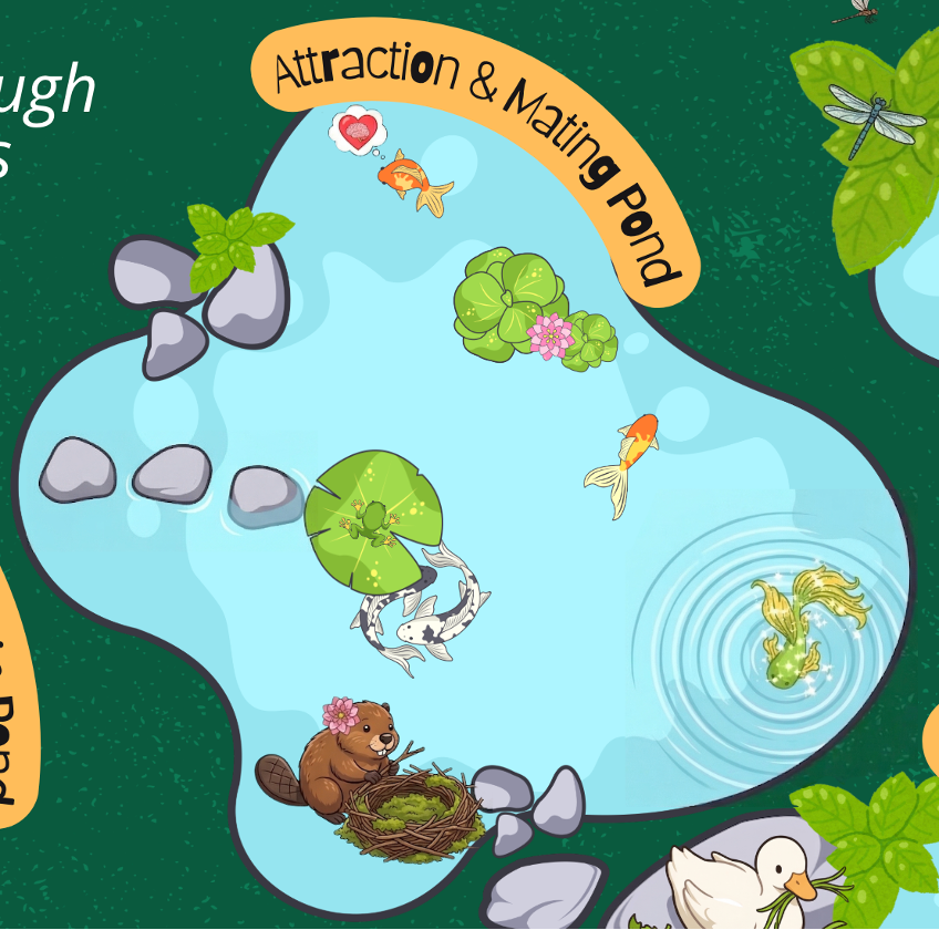 A pond scene with fish, a frog on a lily pad, a bird in a nest, a duck, a beaver, water lilies, and dragonflies surrounding the pond