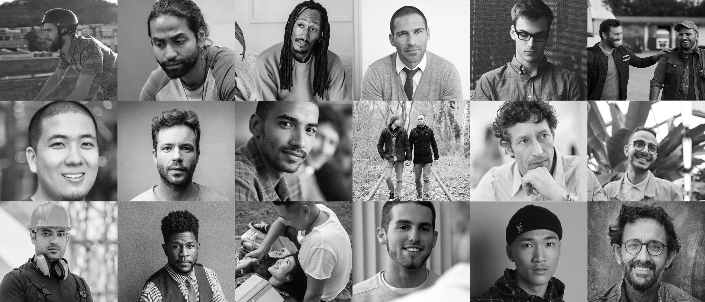 Collage of diverse men and women in various settings, including outdoor, indoor, and urban environments, in black and white.