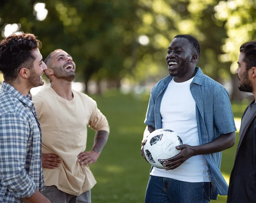 Four men chatting outdoors in a park. The man on the right holds a soccer ball and is smiling, while the others listen and laugh, surrounded by green trees.