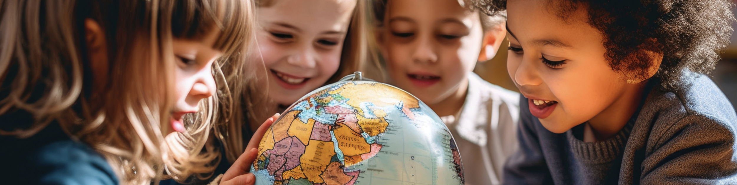 Children gathered around a globe, looking at it with interest and smiling.