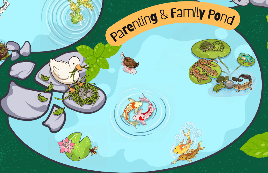 Illustration of a pond with various animals, including ducks with ducklings, fish, frogs, snails, and a water dragon, with a banner that reads 'Parenting & Family Pond'.