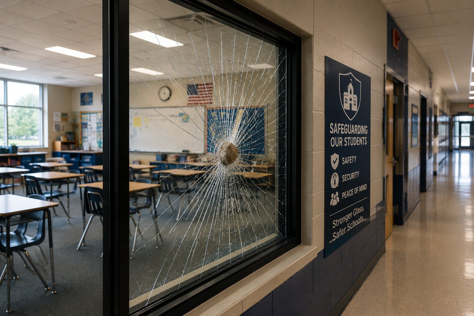 Broken classroom window with a rock in the center and a web of cracks radiating outward inside a school hallway. Next to the window, there is a sign promoting safety, security, and peace of mind for students.
