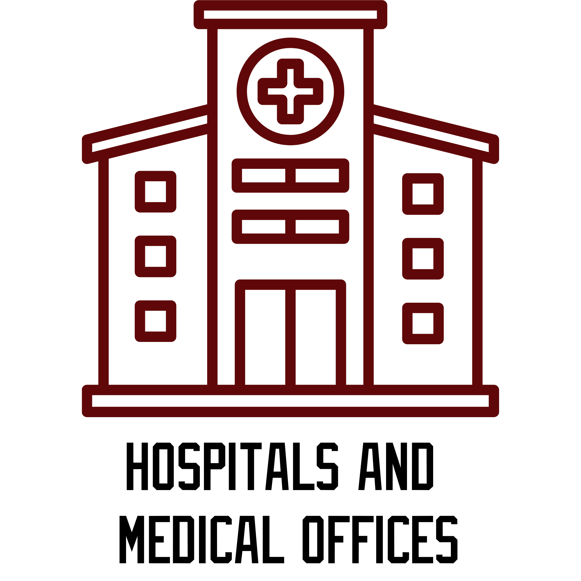 Outline of a hospital building with a cross symbol in the center, depicted in red