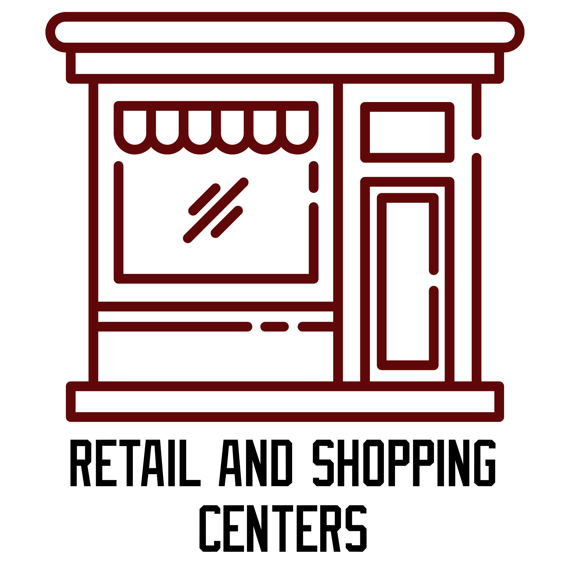 Outline of a building with a door, window, and awning.