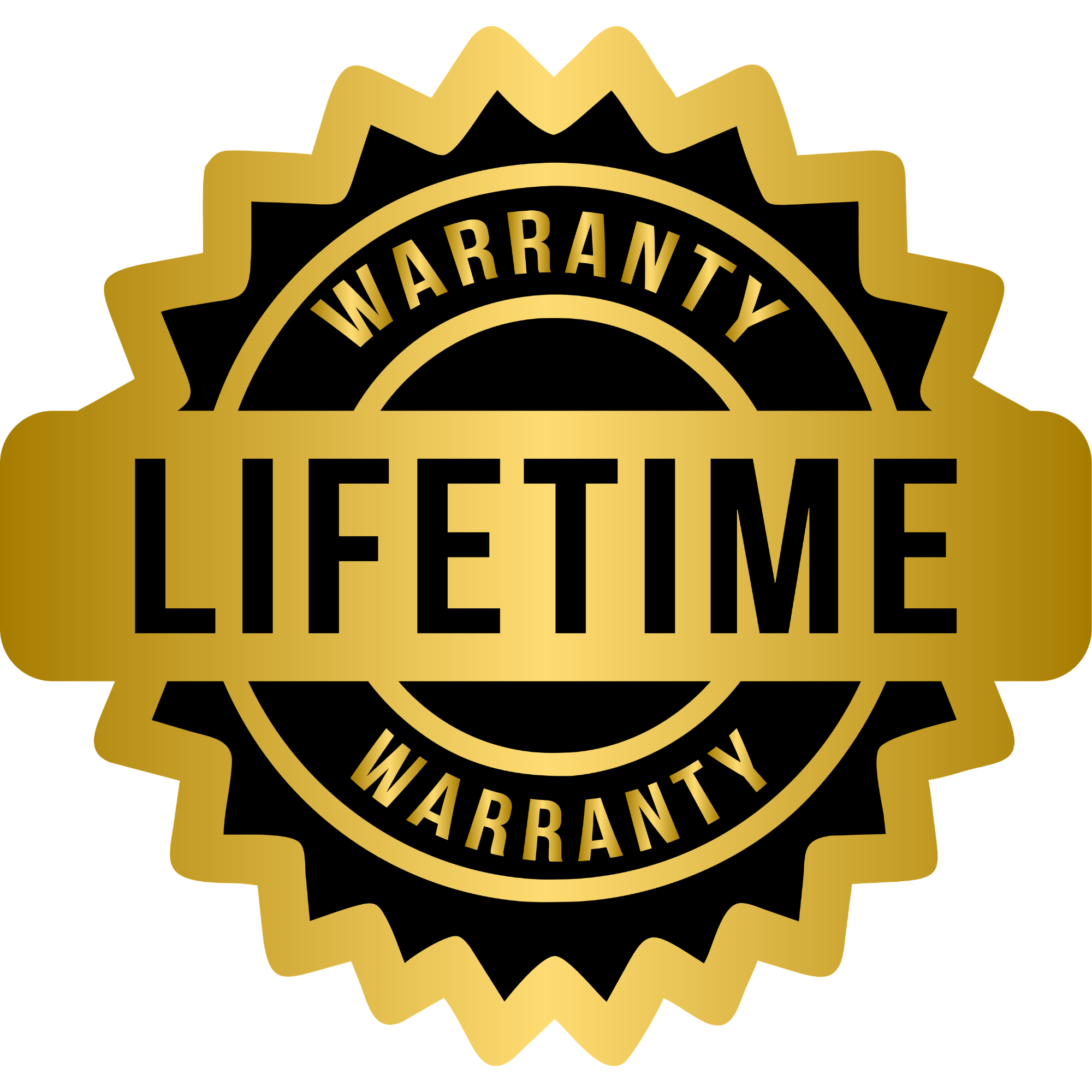 Gold and black warranty badge with the words "Warranty" and "Lifetime" on it.