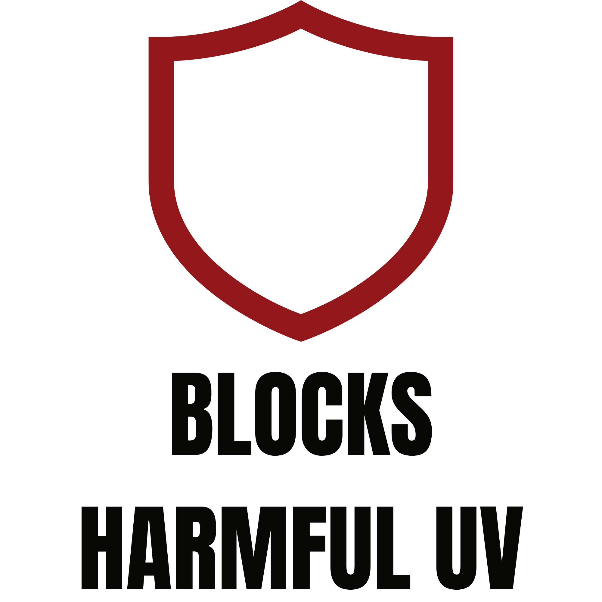 Black background with an outlined red shield and black text that reads "BLOCKS HARMFUL UV"