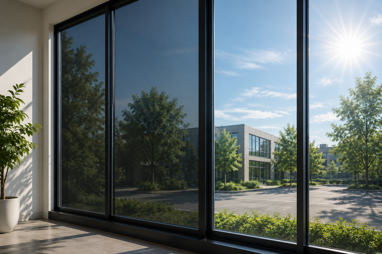 Inside a building with large glass windows, showing an outdoor scene with trees, a modern building, and a parking lot, under a bright sun and blue sky. Half window is tinted, half is not