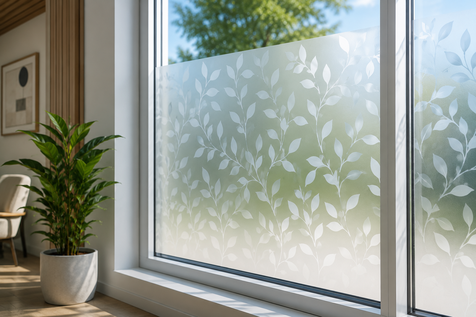 Interior view of a room with a potted green plant by a large window with frosted leaf-patterned film, showing trees outside and sunlight.
