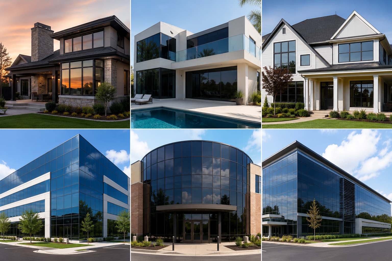 A collage of six modern buildings, including residential houses with well-kept lawns, poolside white contemporary home, and sleek office buildings with glass facades, against clear blue skies.